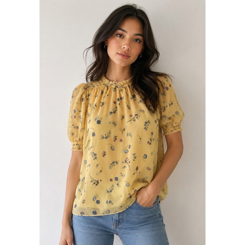 Artizia Wilfred Yellow Floral Chiffon Puff Sleeve Smocked Flowy Blouse Size S